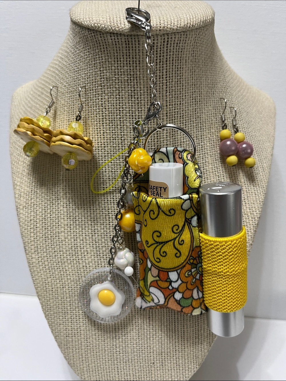 Gift Set 4 pc. Double Floral Lip Balm Holder Keychain with Charm 2 pr Earrings
